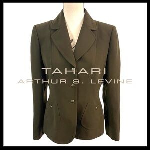 Tahari ASL Olive Green Snap Closure Blazer Jacket (8P)